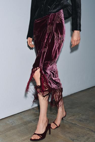 Zara VELVET WRAP SKIRT WITH FLORAL EMBROIDERY - Burgundy