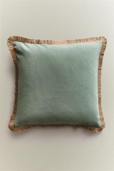 Zara FRINGED JUTE THROW PILLOW COVER - Aquamarine