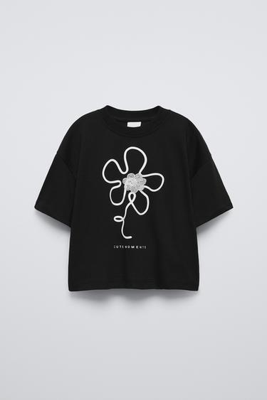 CAMISETA FLOR PERLAS - Negro de Zara - Imagen 0