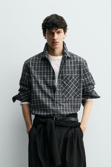 Zara PLAID VOILE SHIRT - Navy blue