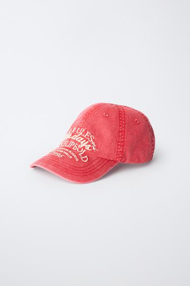WASHED EFFECT CAP WITH EMBROIDERED TEXT - Red by Zara - Image 1