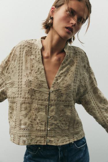CHEMISE BRODÉE PERFORÉE - Kaki clair de Zara - Image 1