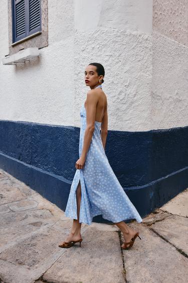 Zara POLKA DOT HALTER MIDI DRESS - Blue / White