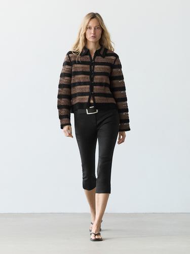 Chaqueta corta punto crochet rayas - Marrón oscuro de Zara - Imagen 0
