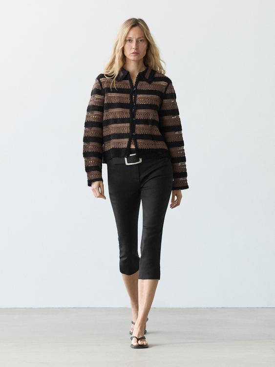 Short striped crochet knit cardigan from Zara - $200