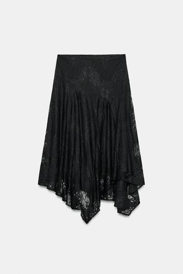 FALDA MIDI ASIMÉTRICA DE ENCAJE - Negro de Zara