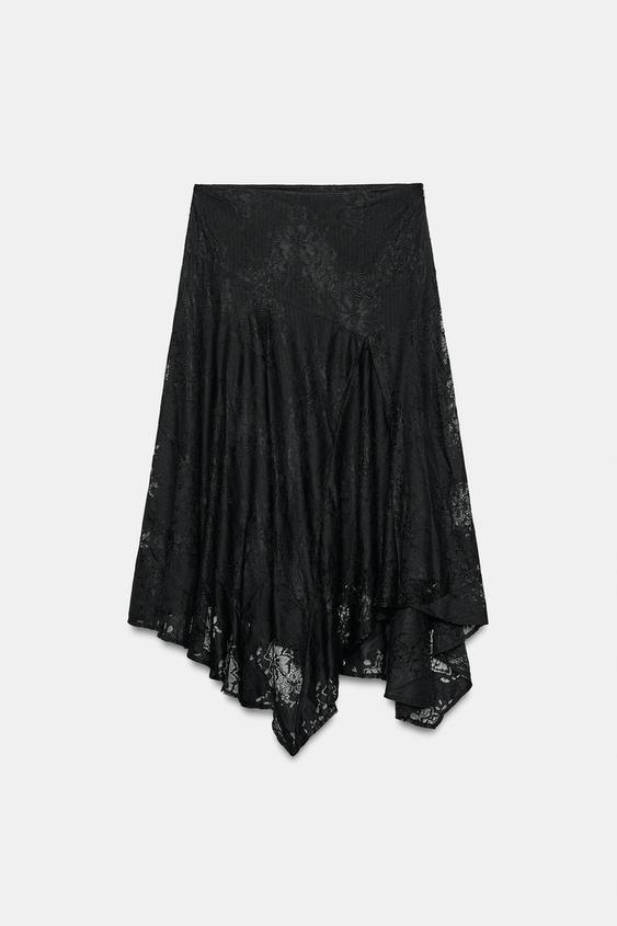 FALDA MIDI ASIMÉTRICA DE ENCAJE - Negro de Zara - Imagen 0