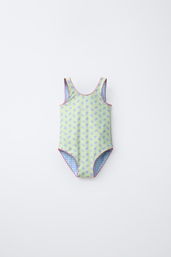 2-6 YEARS / REVERSIBLE FLORAL & CHECK SWIMSUIT - Lime by Zara - Image 0