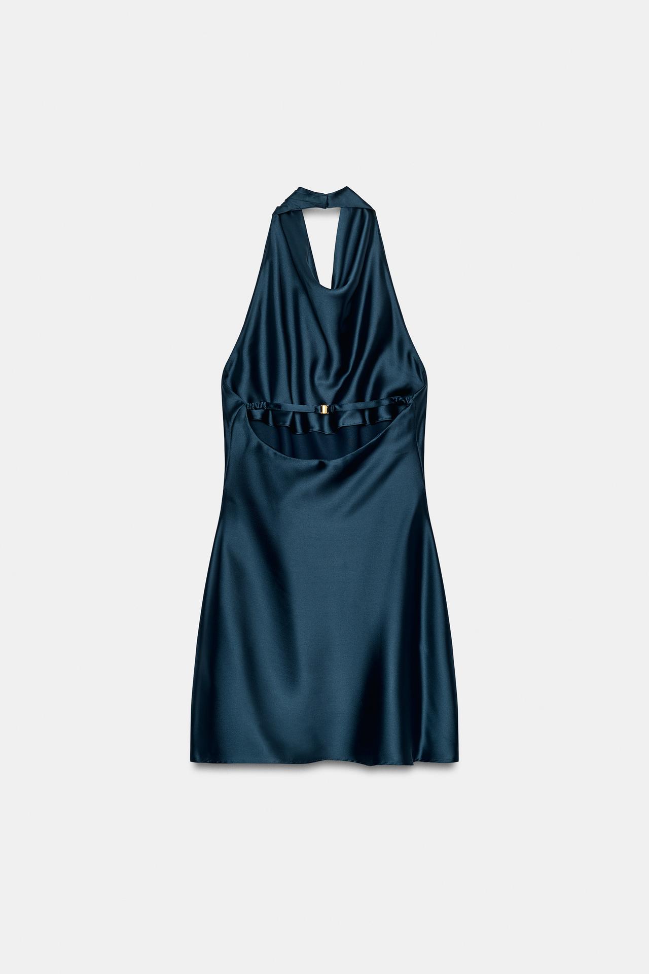 SATIN HALTER DRESS — Navy blue