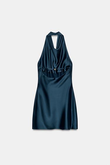 SATIN HALTER DRESS — Navy blue 2