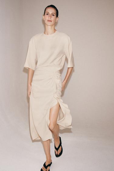 Zara ZW COLLECTION 垂褶中長版洋裝 - 中裸色