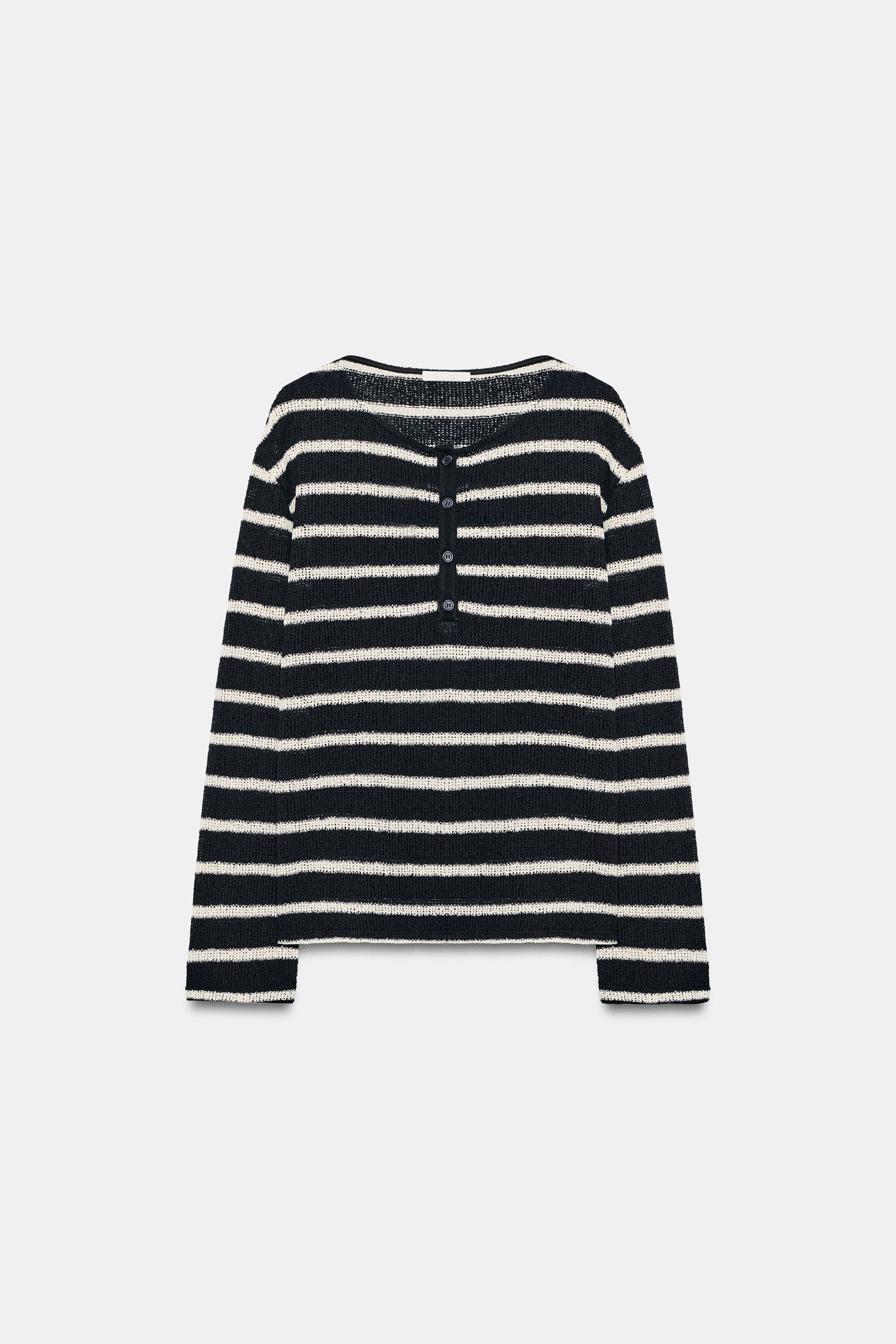 Женская футболка Zara Striped Henley, цвет: Синий / Белый — фото 6