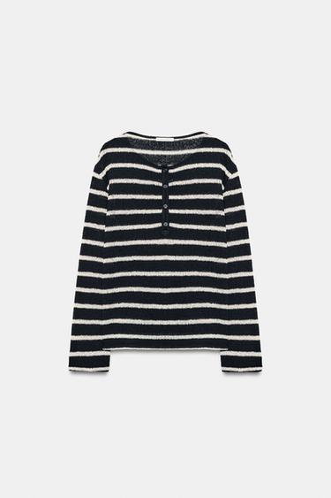 Zara STRIPED HENLEY T-SHIRT - Blue / White