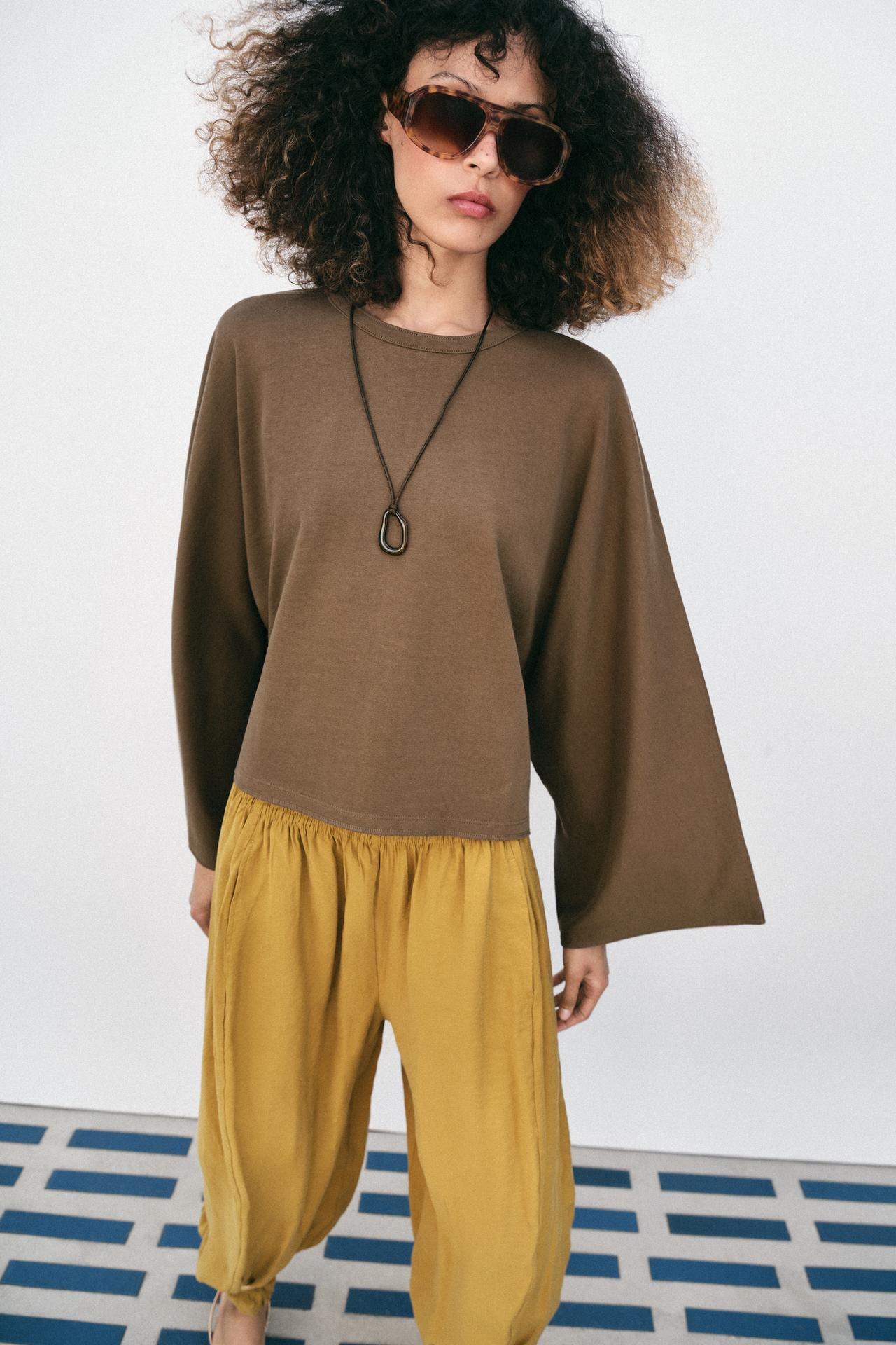 COTTON WIDE-SLEEVE T-SHIRT — Mink