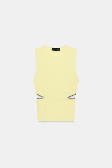 TOP EN MAILLE AJOURÉ AVEC PERLES - Jaune de Zara - Image 3