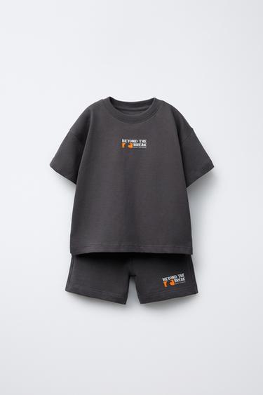 Zara T-SHIRT AND BERMUDA SHORTS SET WITH TEXT PRINT - Anthracite grey