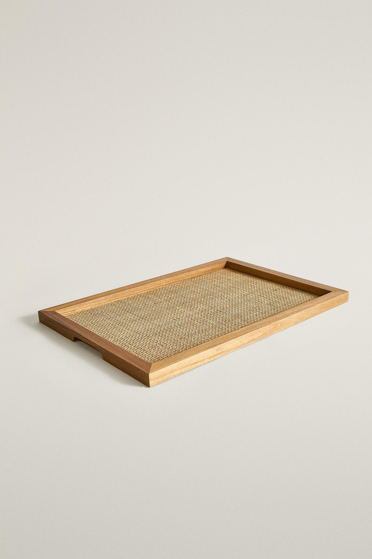 WOOD RATTAN TRAY — Brown