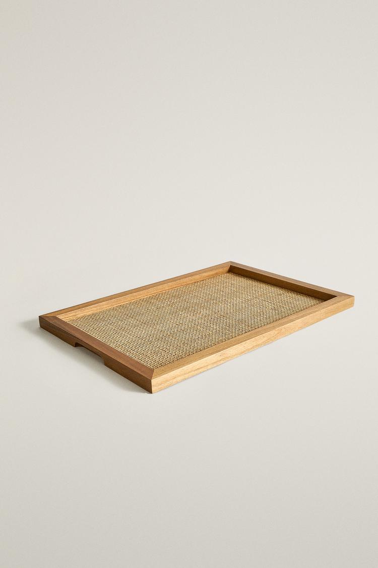 WOOD RATTAN TRAY — Brown