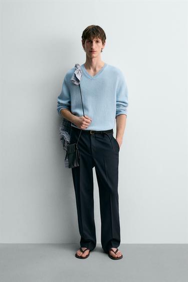 COTTON-LINEN V-NECK JUMPER - Light blue by Zara