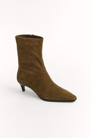 Zara SUEDE KITTEN HEEL ANKLE BOOTS - Olive Green