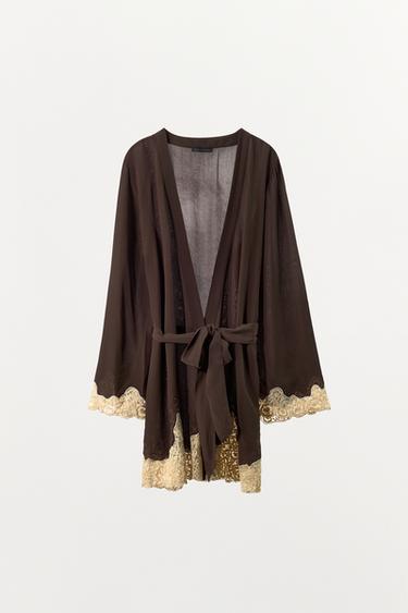 ROBE DE CHAMBRE EN VISCOSE 100% BRODÉE DENTELLE - Marron foncé de Zara - Image 2
