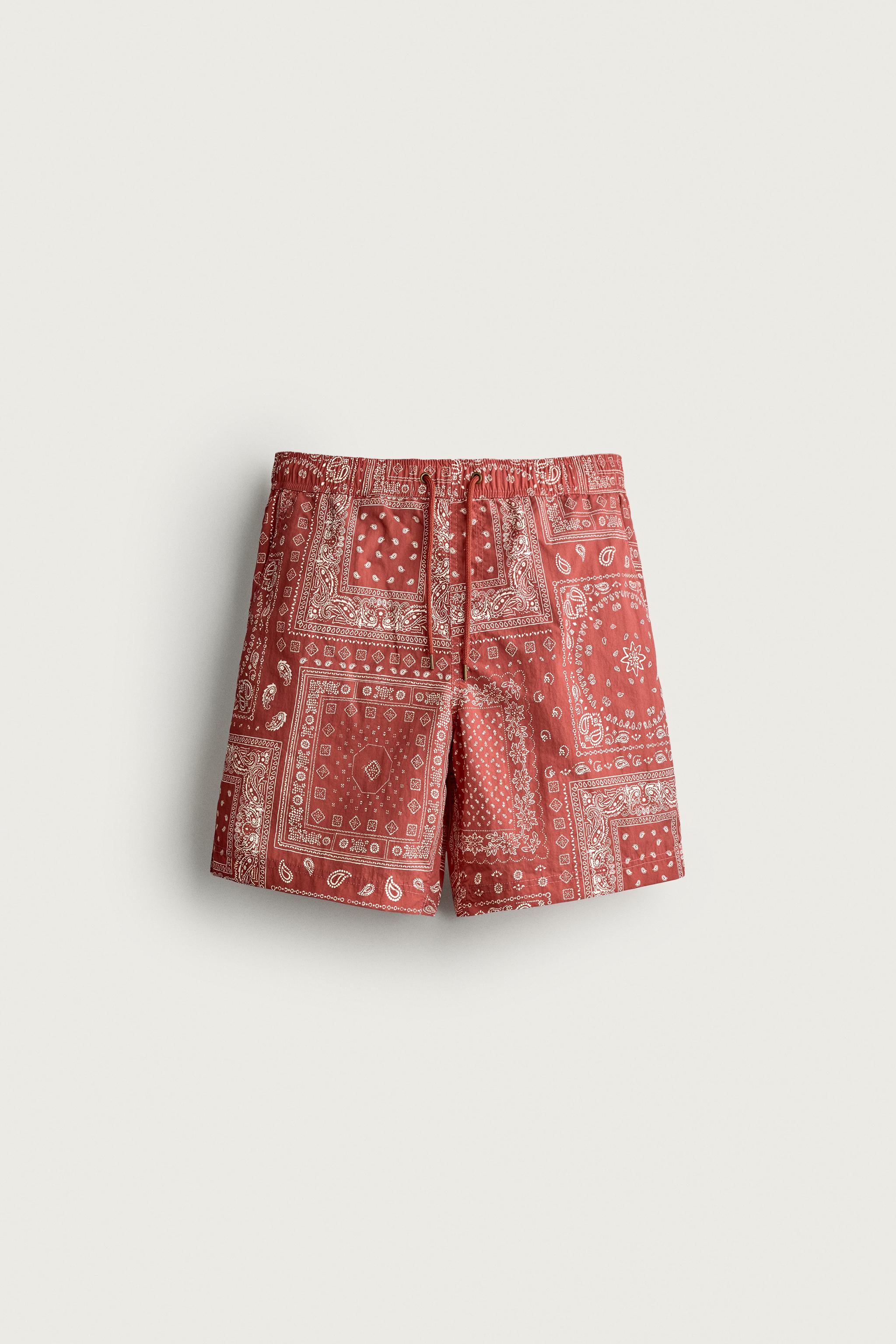 BANDANA PRINT LONG SWIM SHORTS — Red