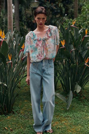 JEANS Z1975 WIDE LEG بخصر عالٍ وجيوب - أزرق فاتح الخاص بـ Zara