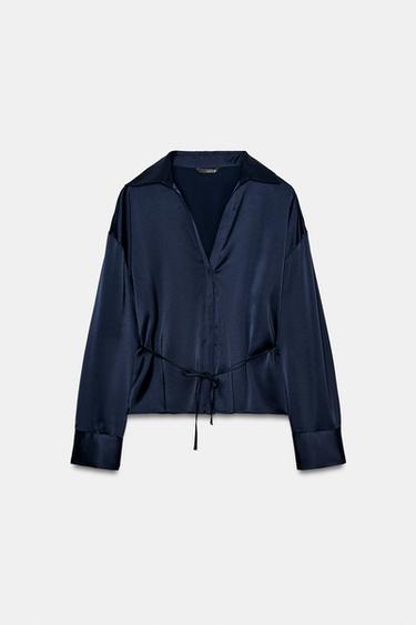 Zara FINE BELT SATIN BLOUSE - Navy blue