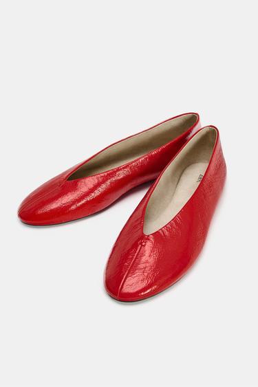 LEATHER BALLET FLATS - Red by Zara - Image 4