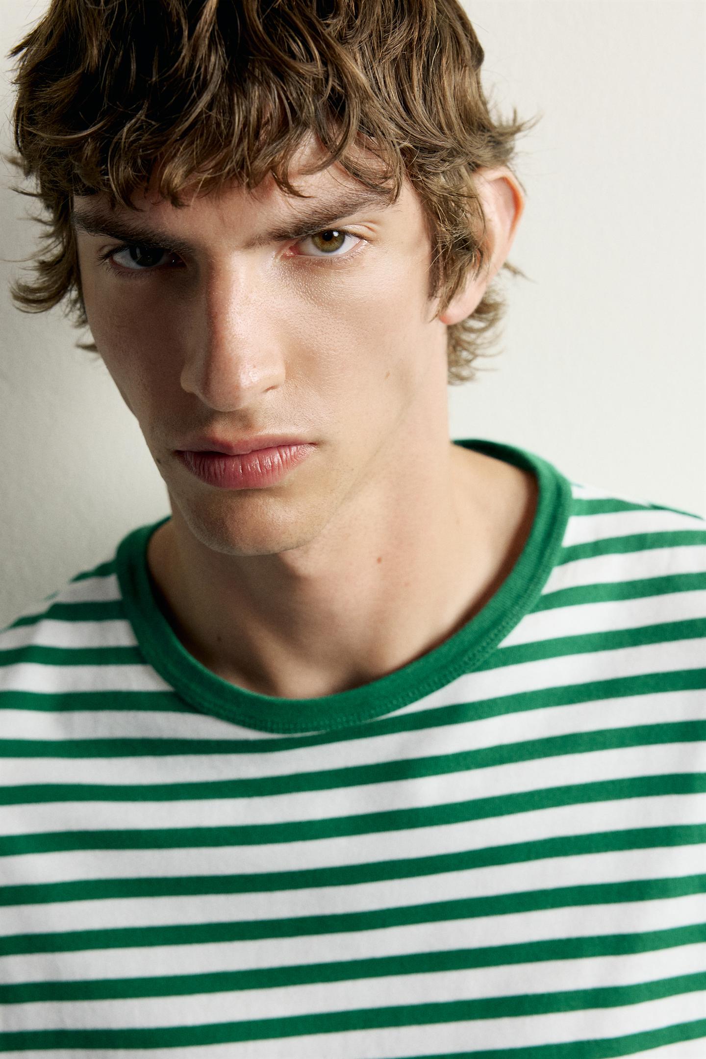 Мужская футболка Zara 0FR. Paris X ZARA Striped, цвет: Светлый зелёный — фото 5