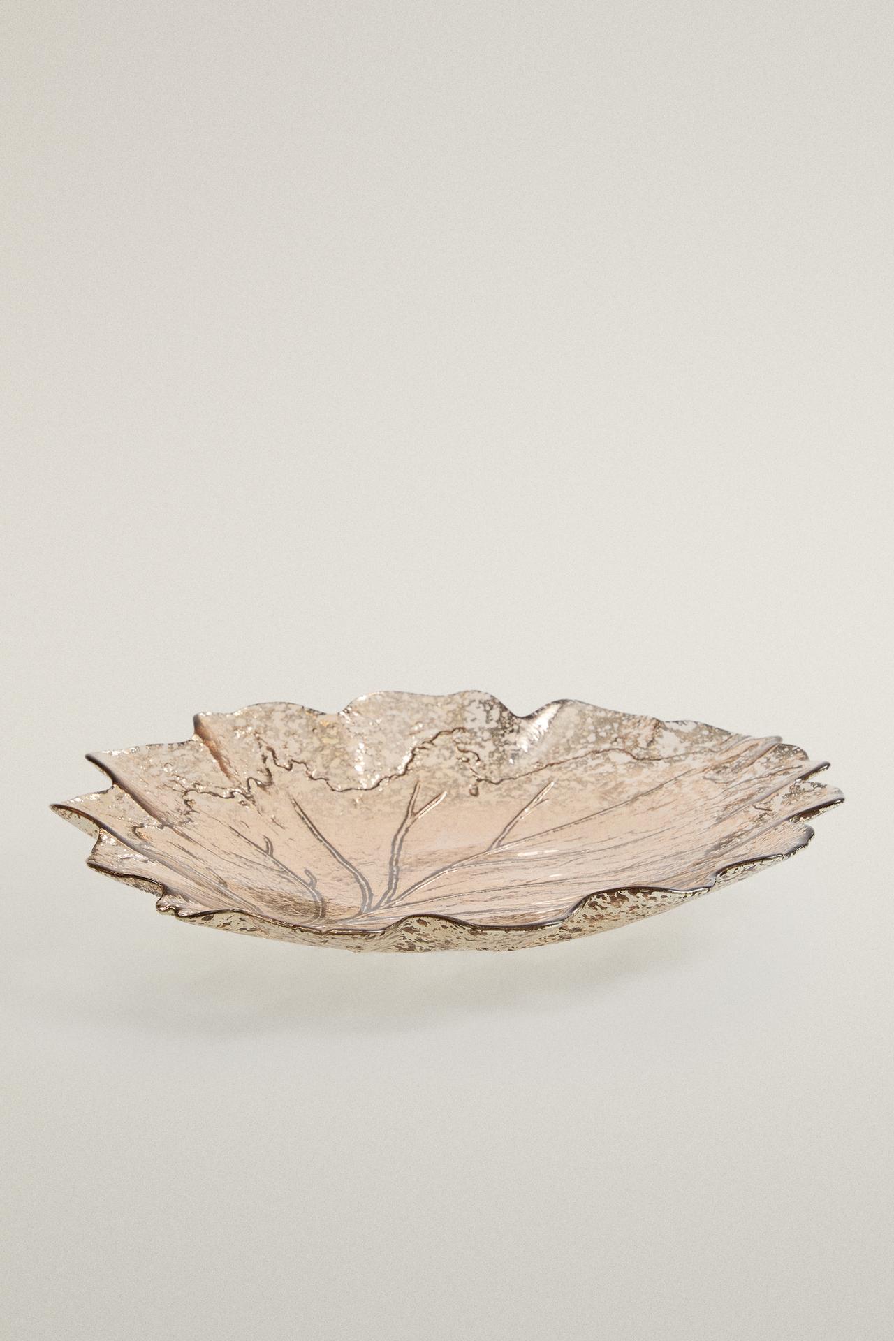 CHRISTMAS MERCURISED GLASS LEAF SERVING DISH — Silver