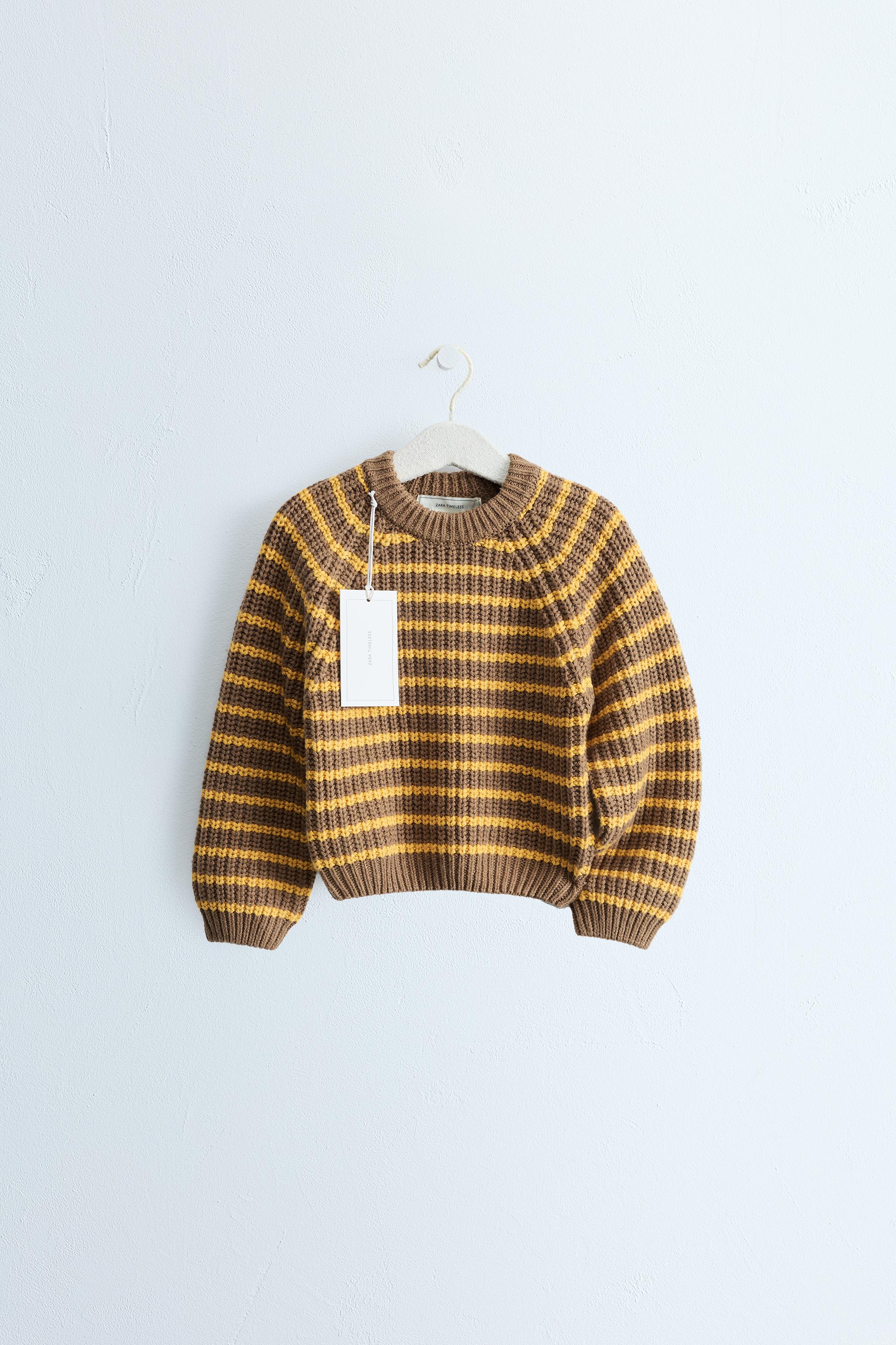 ZARA TIMELESS - STRIPED COTTON-WOOL BLEND SWEATER — Ocher