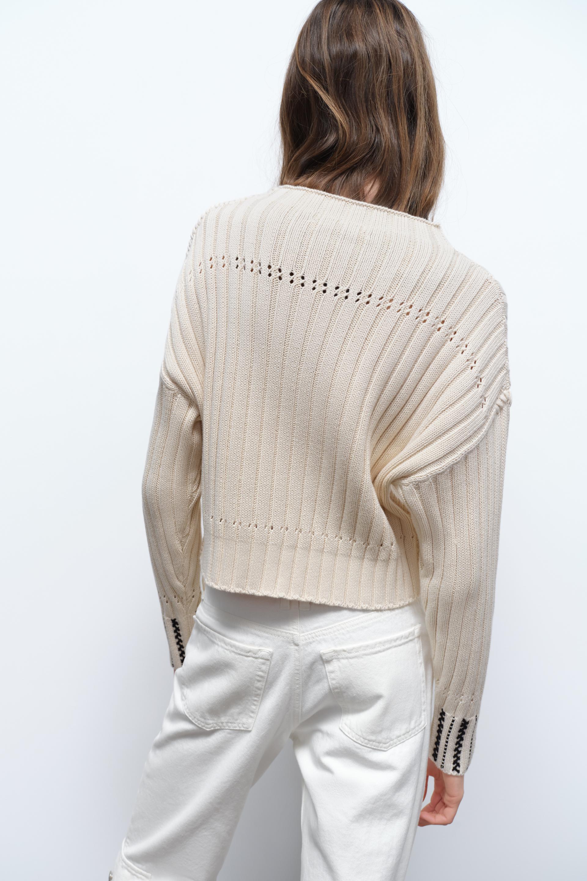Zara Women's Ribbed Knit Sweater Cream High Collar Long Sleeve