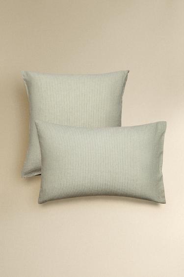 TAIE D’OREILLER LIN ET COTON RAYURES - Vert de Zara - Image 0