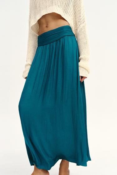 Zara SATIN EFFECT MIDI SKIRT - Duck blue