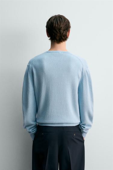 PULL COL EN V COTON ET LIN - Bleu clair de Zara - Image 2