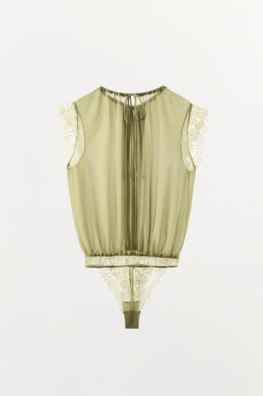 BODY BLOUSE EN GEORGETTE ET DENTELLE - Vert de Zara - Image 4