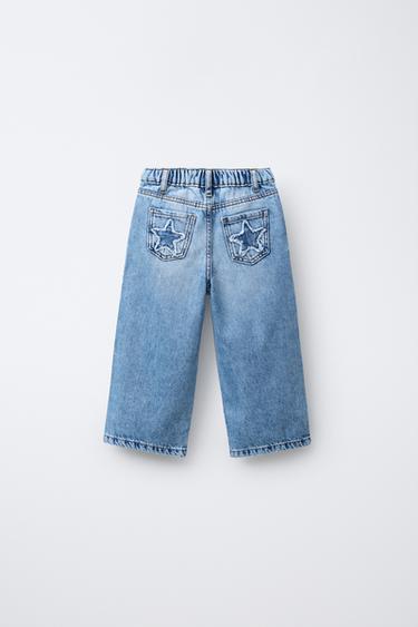 Zara STAR APPLIQUÉ WIDE LEG JEANS - Mid-blue