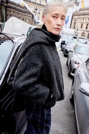 Zara SHORT COAT WITH BOUCLÉ SCARF - Dark gray