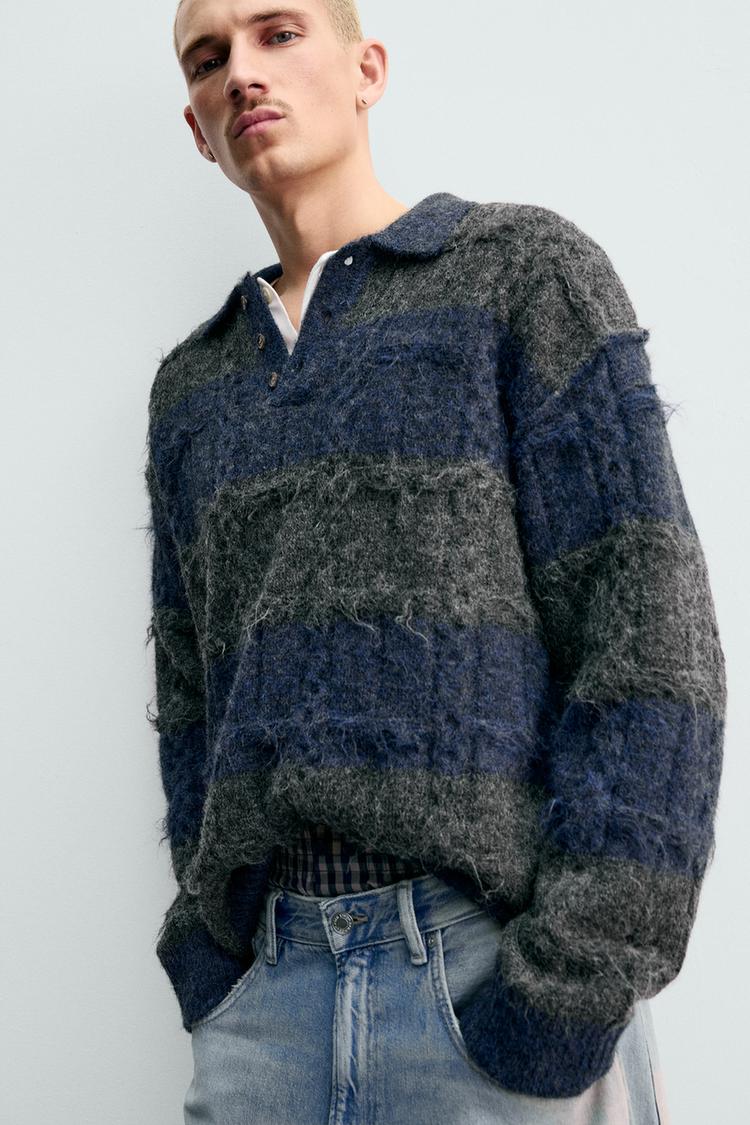 ZARA STRIPED JACQUARD KNIT POLO SHIRT