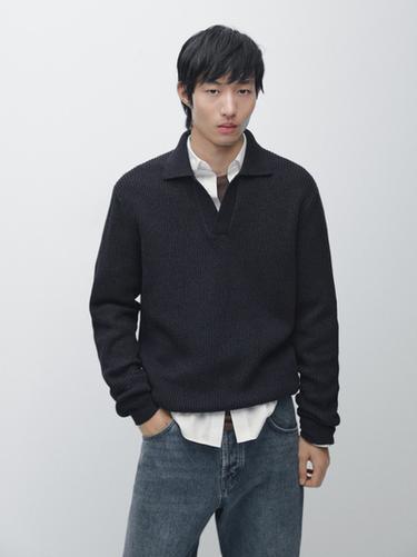 Zara Cotton knit polo sweater - Navy blue - Image 0