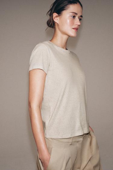 Zara SHORT SLEEVE LINEN BLEND T-SHIRT - Sand