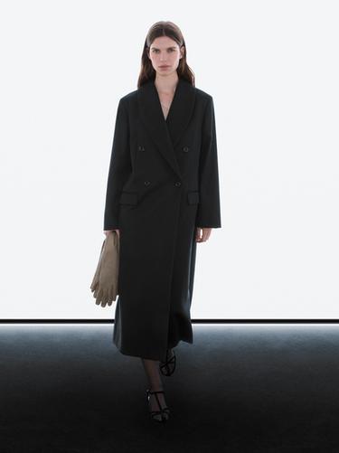 Abrigo largo cruzado 100% lana - Negro de Zara