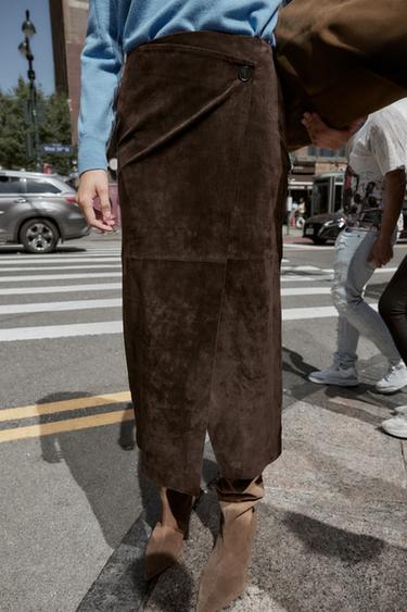 100% LEATHER WRAP MIDI SKIRT - Brown by Zara - Image 1