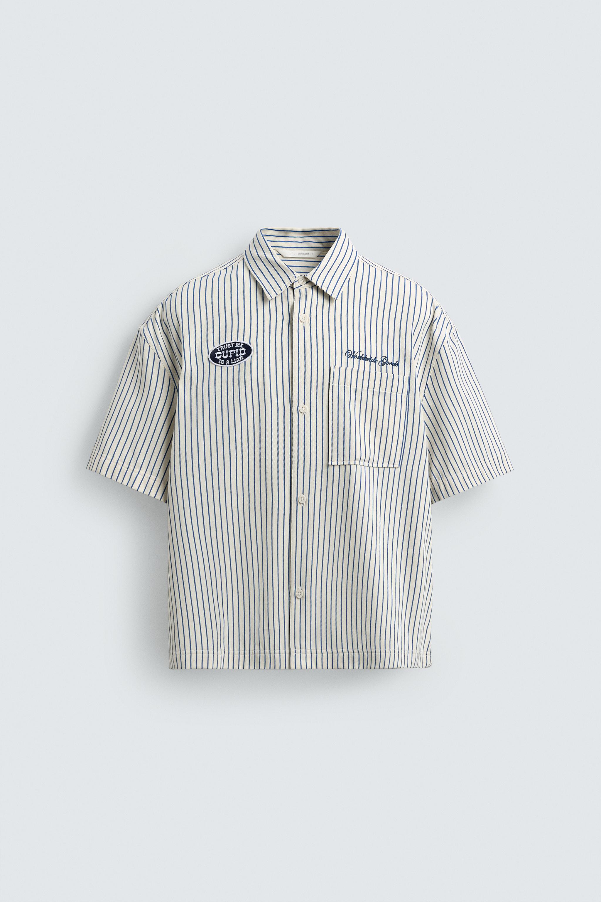STRIPED OVERSHIRT WITH CONTRAST PATCH - Blue | ZARA Turkey