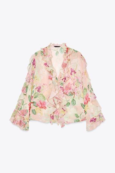 Zara FLORAL PRINT RUFFLE SHIRT - Multicolored