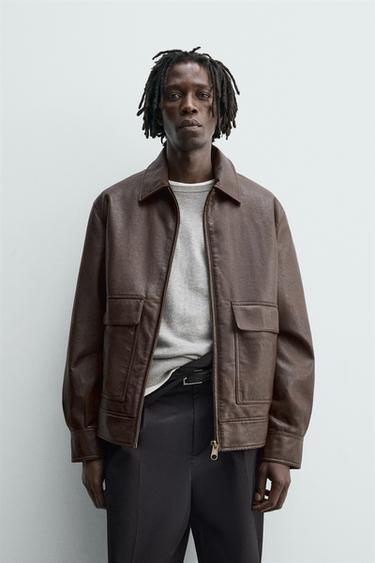 Zara FAUX LEATHER OVERSHIRT - Brown