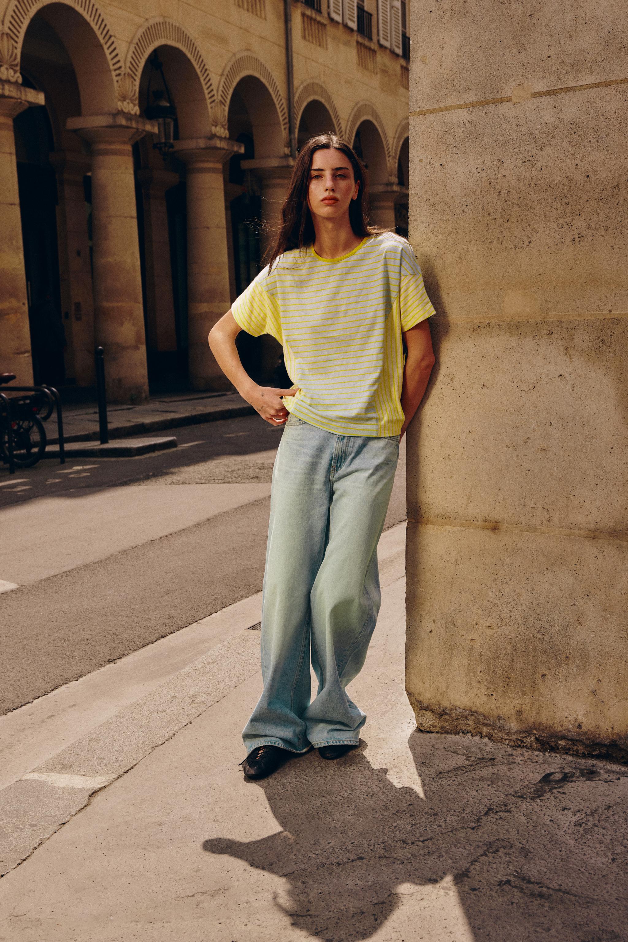 STRIPED COTTON AND LINEN T-SHIRT — Washed green