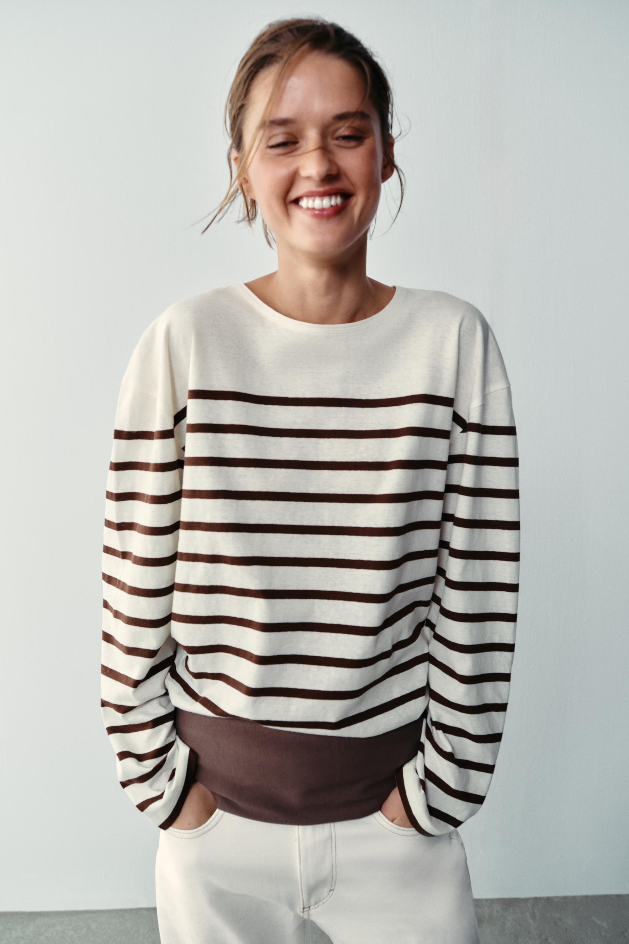STRIPED COTTON AND LINEN T-SHIRT — Ecru / Brown