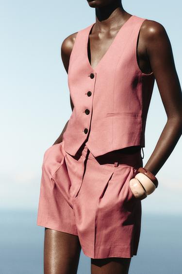 HIGH-WAIST LINEN BLEND BERMUDA SHORTS - MARSALA by Zara